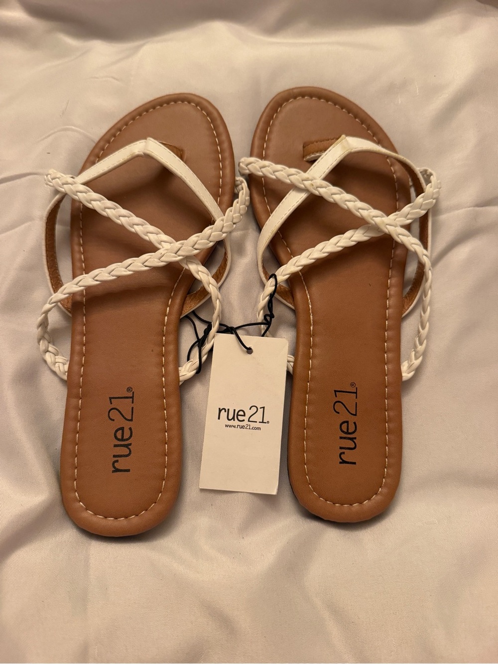 Rue21 White Braided Strap Tan Footbed Slide Sandals. Brand New with Tags